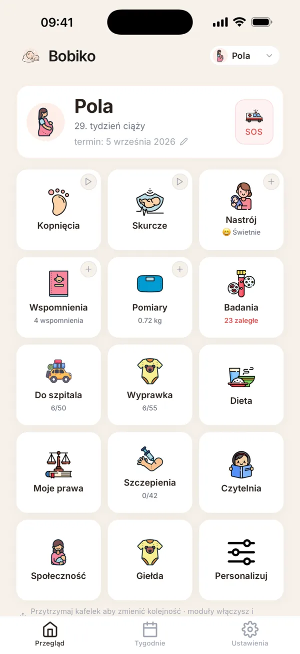 Dashboard ciąży - widok tygodniowy z modułami